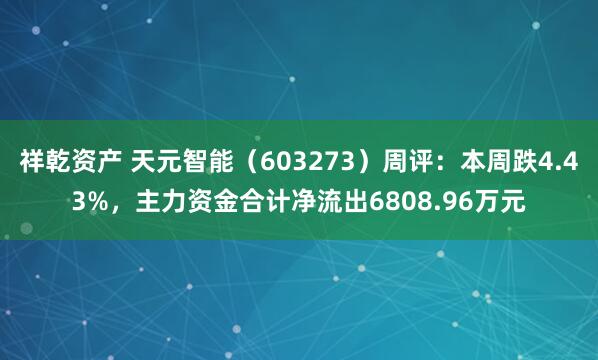 祥乾资产 天元智能（603273）周评：本周跌4.43%，主力资金合计净流出6808.96万元